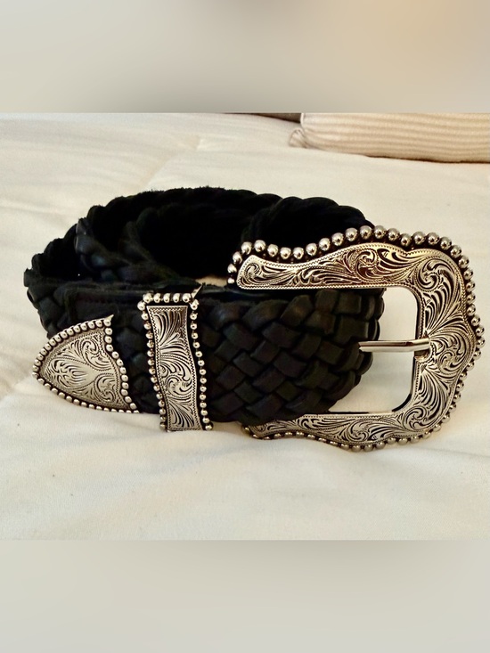 B-Low the Belt Accessories - B-Low the Belt Black Braided Leather Western Belt Engraved Silver Buckle S/M